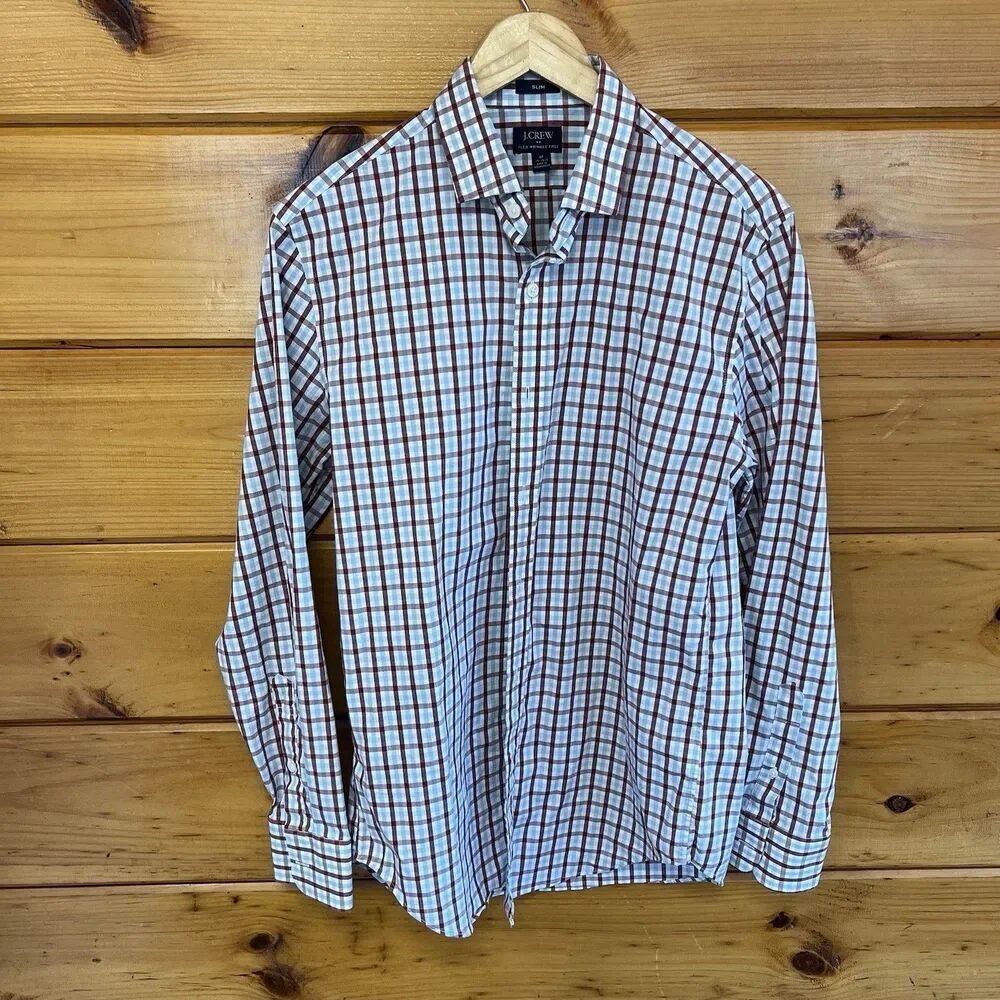 J.Crew Men's Slim Flex Wrinkle-free Dress Shirt M Collared Plaid Check